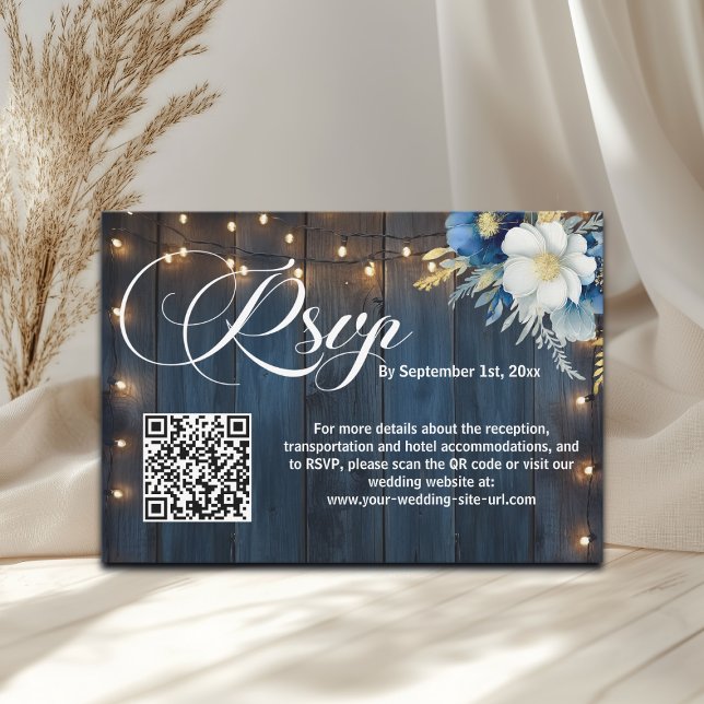 Blue Wood String Lights QR Code Wedding RSVP Card (Creator Uploaded)