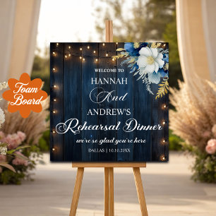 Blue Wood String Lights Rehearsal Dinner Welcome Foam Board