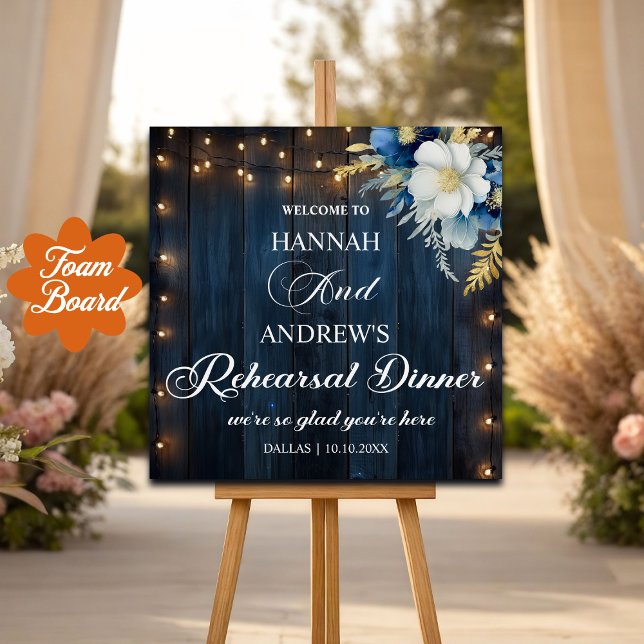 Blue Wood String Lights Rehearsal Dinner Welcome Foam Board (Creator Uploaded)