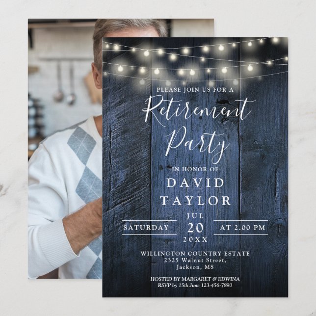 Blue Wood String Lights Retirement Party Photo Invitation (Front/Back)