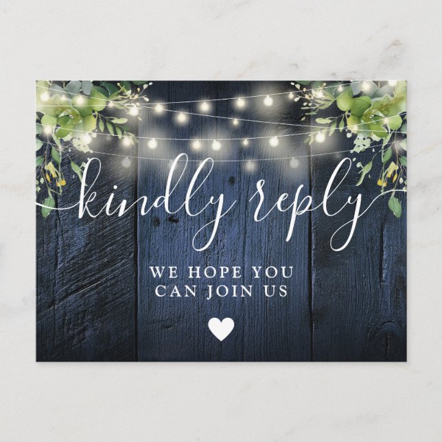 Blue Wood String Lights Song Request RSVP Postcard (Front)