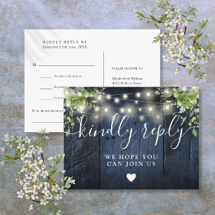 Blue Wood String Lights Song Request RSVP Postcard
