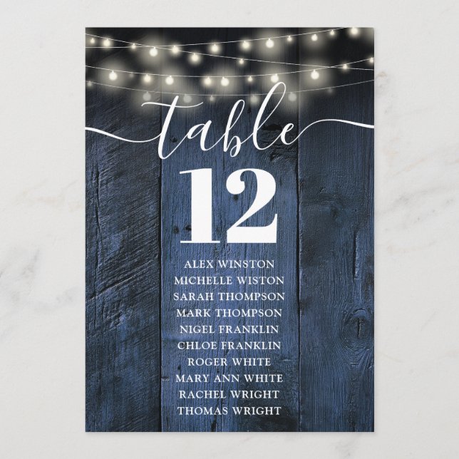 Blue Wood String Lights Table Number Seating Chart (Front)