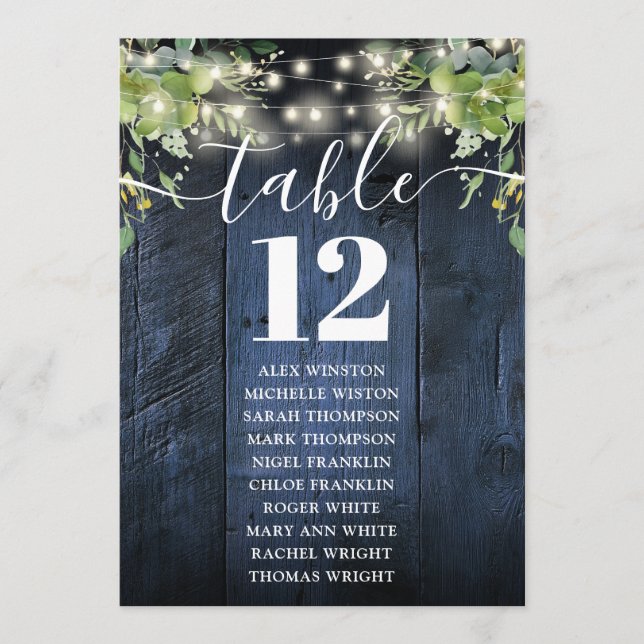 Blue Wood String Lights Table Number Seating Chart (Front)