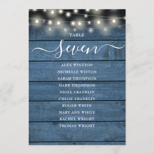 Blue Wood String Lights Table Number Seating Chart