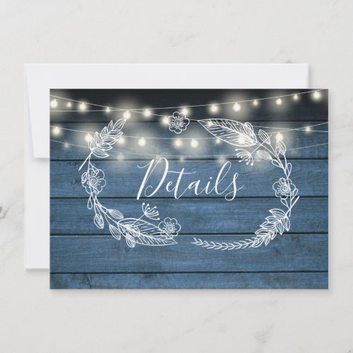 Blue Wood String Lights Wedding Details Card