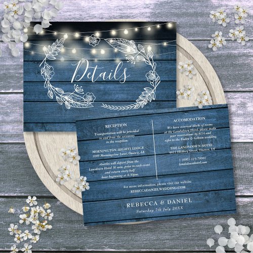 Blue Wood String Lights Wedding Details Card