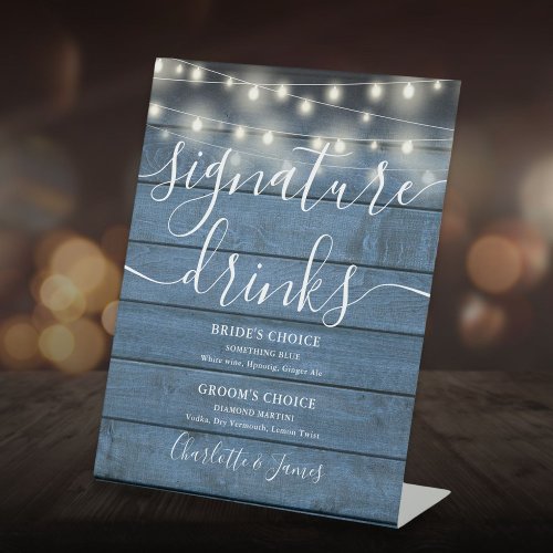 Blue Wood String Lights Wedding Signature Drinks Pedestal Sign