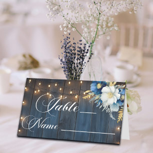 Blue Wood String Lights Wedding Table Number Place Card
