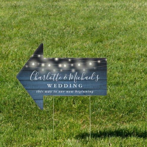 Blue Wood String Lights Wedding This Way Arrow Sign