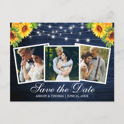 Blue Wood Sunflower Floral 3 Photo Save The Date Invitation Postcard