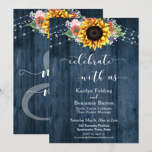 Blue Wood Sunflower Lights Celebrate with Us Invitation (Front/Back)