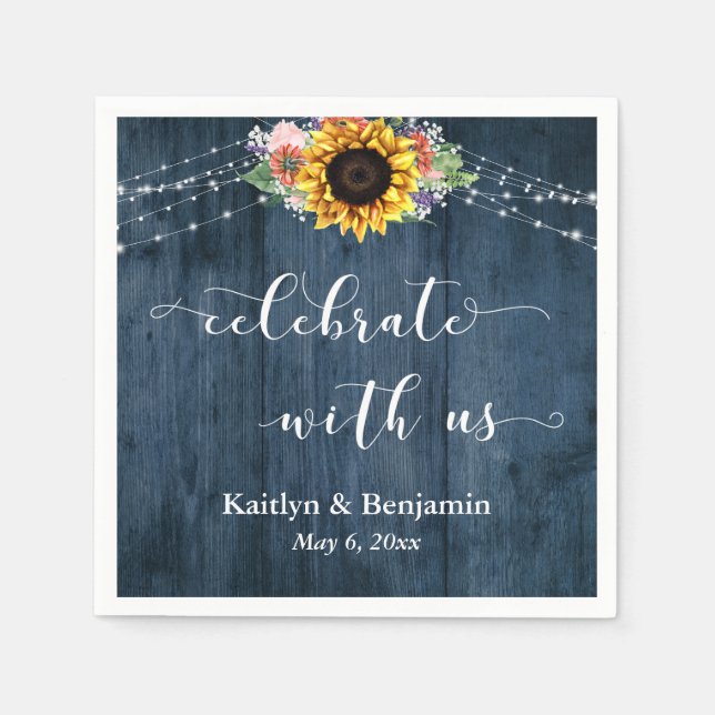 Blue Wood Sunflower Lights Celebrate with Us Napkins (Front)
