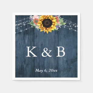 Blue Wood Sunflower Lights Initials & Date Napkins