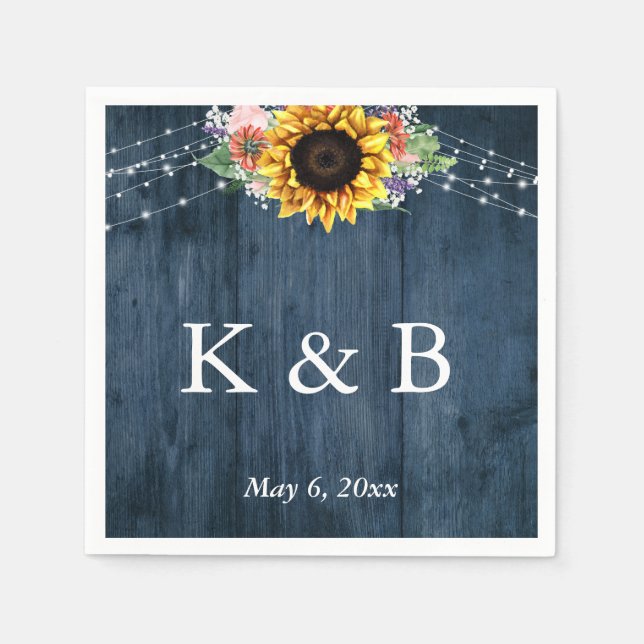 Blue Wood Sunflower Lights Initials & Date Napkins (Front)