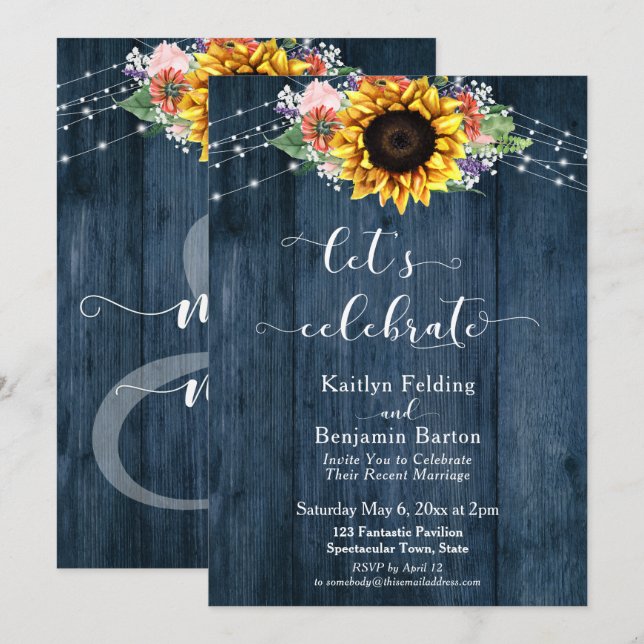 Blue Wood Sunflower Lights Let's Celebrate Invitation (Front/Back)