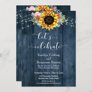 Blue Wood Sunflower Lights Let's Celebrate Invitation