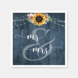 Blue Wood Sunflower Lights Mr and Mrs Napkins