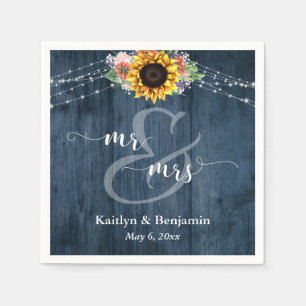 Blue Wood Sunflower Lights Mr and Mrs Napkins
