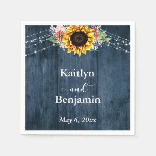 Blue Wood Sunflower Lights Names & Date Napkins