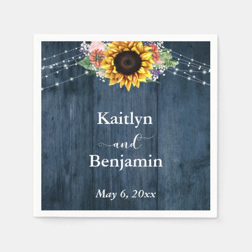 Blue Wood Sunflower Lights Names  Date Napkins