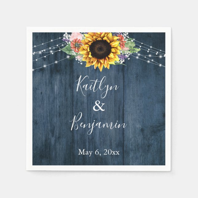 Blue Wood Sunflower Lights Names & Date Napkins (Front)