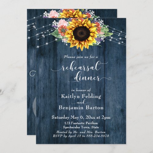 Blue Wood Sunflower Lights Post_Wedding Rehearsal Invitation