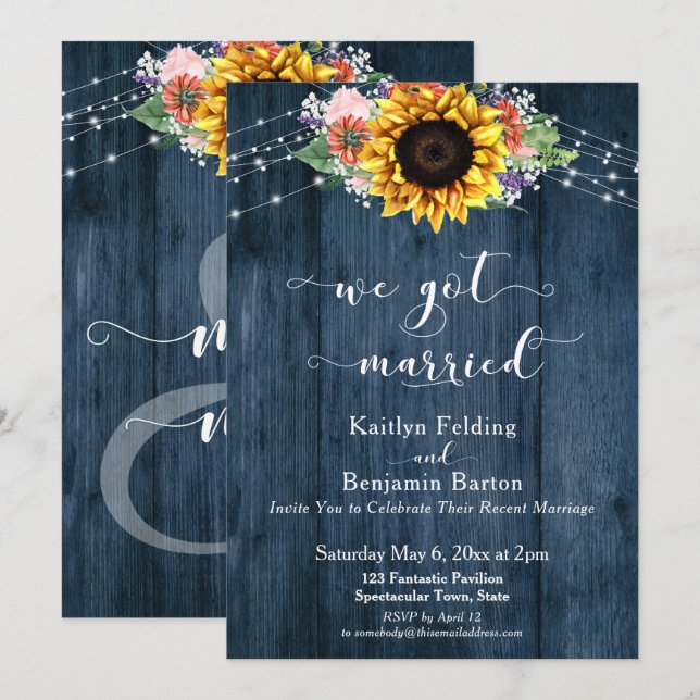 Blue Wood Sunflower Lights We Got Married Invitation (Front/Back)