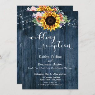 Blue Wood Sunflower Lights Wedding Reception Invitation