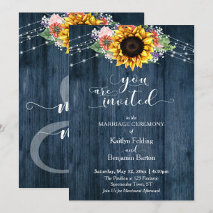 Blue Wood Sunflower Lights Wedding Typography Invitation