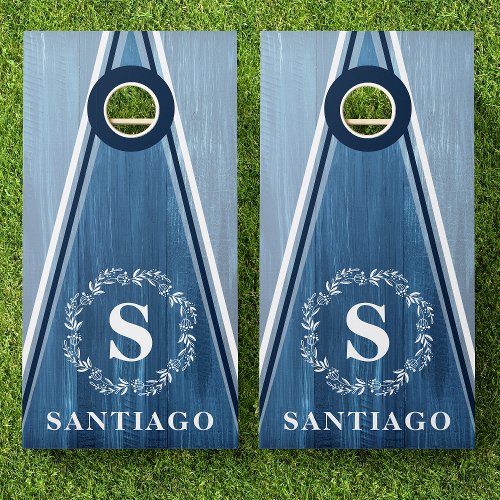 Blue Wood Triangle Stripe Wreath Monogram Name Cornhole Set