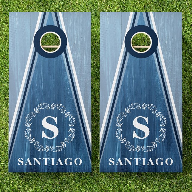 Blue Wood Triangle Stripe Wreath Monogram Name Cornhole Set (Creator Uploaded)