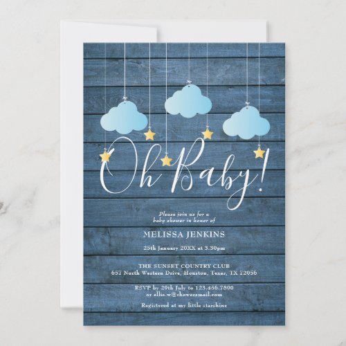 Blue Wood Twinkle Twinkle Oh Baby Baby Shower Invitation