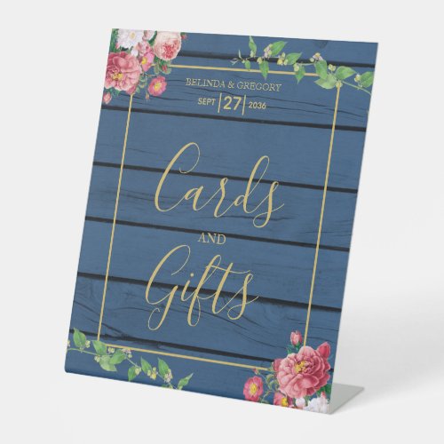 Blue Wood Vintage Roses  Gold Wedding Cards Gifts Pedestal Sign