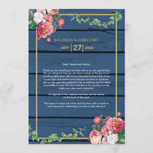 Blue Wood Vintage Roses Gold Wedding Itinerary Program