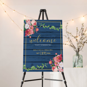 Blue Wood Vintage Roses Gold Wedding Welcome Sign