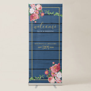 Blue Wood Vintage Roses Gold Wedding Welcome Sign
