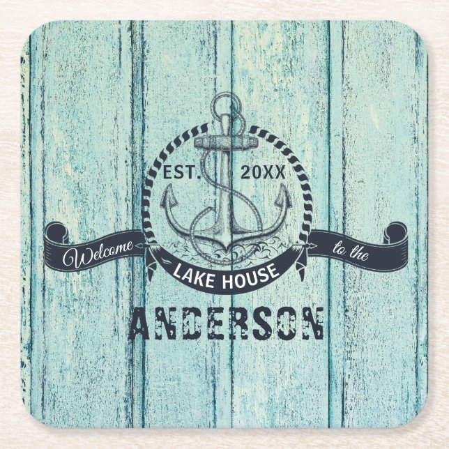 Blue Wood Welcome to the Lake House Square Paper Coaster (Front)