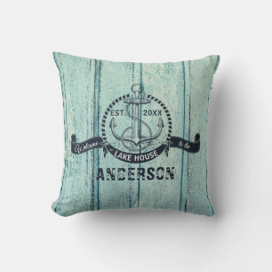 Blue Wood Welcome to the Lake House Throw Pillow