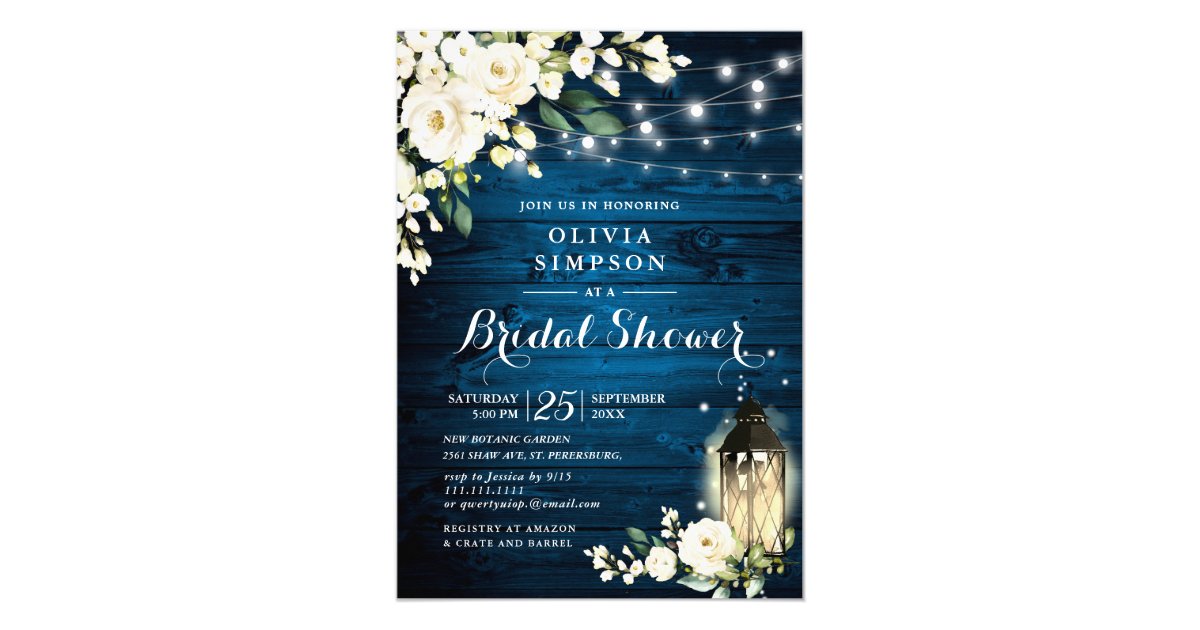 Blue Wood White Roses Lantern Bridal Shower Invitation