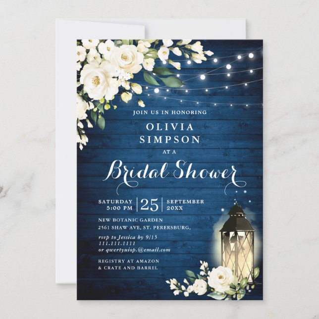 Blue Wood White Roses Lantern  Bridal Shower Invitation (Front)