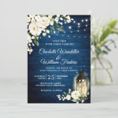Blue Wood & White Roses Lantern Watercolor wedding Invitation (Standing Front)