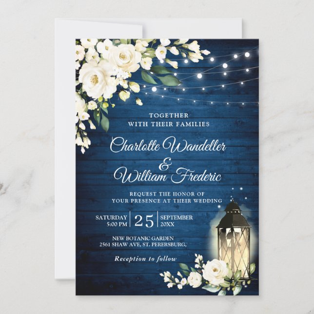 Blue Wood & White Roses Lantern Watercolor wedding Invitation (Front)