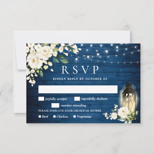 Blue Wood White Roses RSVP Card with Meal Choice