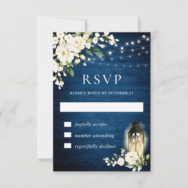 Blue Wood White Roses Rustic Light RSVP Card (Front)