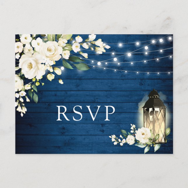 Blue Wood White Roses Rustic Wedding RSVP Postcard (Front)