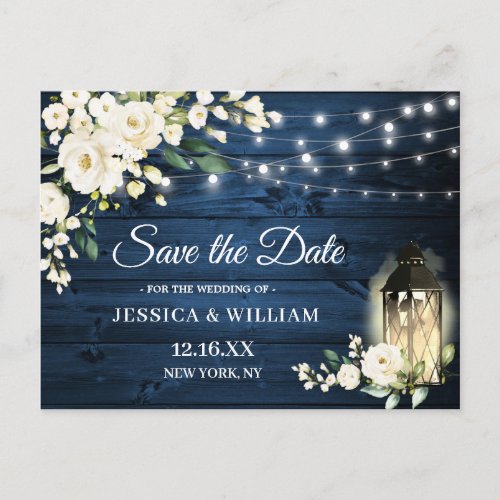 Blue Wood White Roses Rustic Wedding Save the Date Postcard
