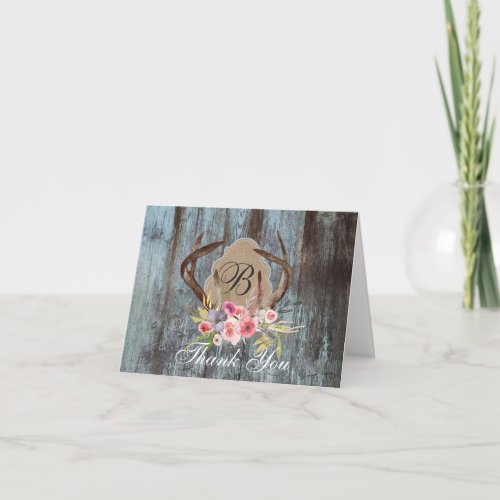 Blue Wood With Floral Antlers Monogram Thank You