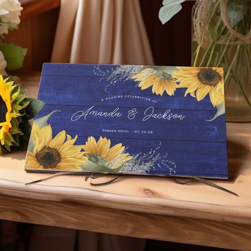 Blue wooded rustic sunflower wedding guest book