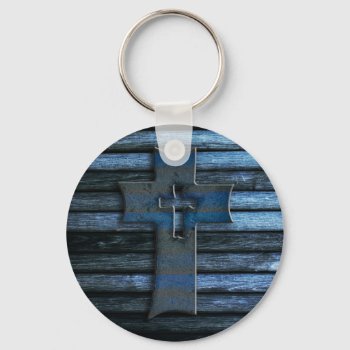 Blue Wooden Cross Keychain by SasiraInk at Zazzle